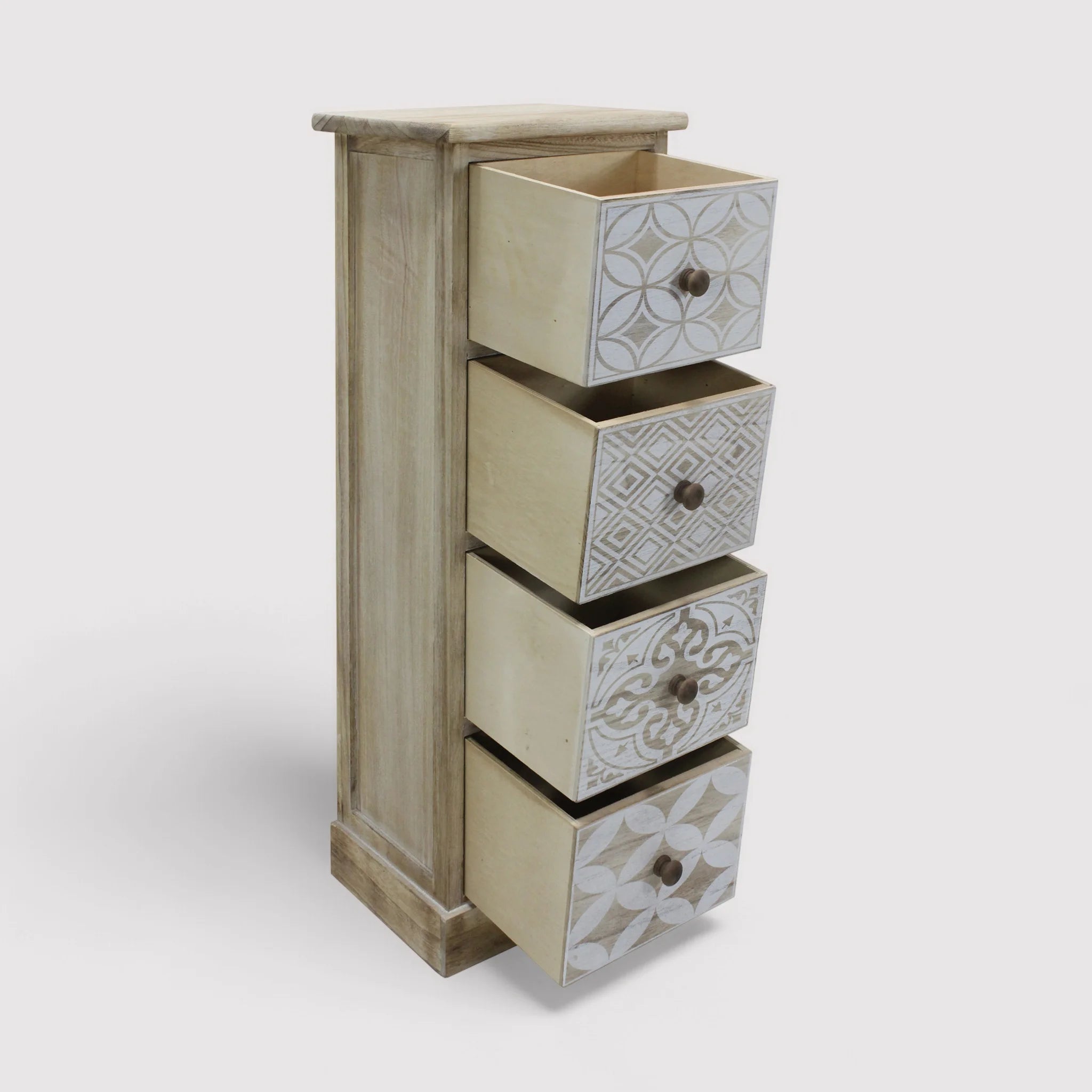 Commode en bois blanc avec 4 tiroirs décorés