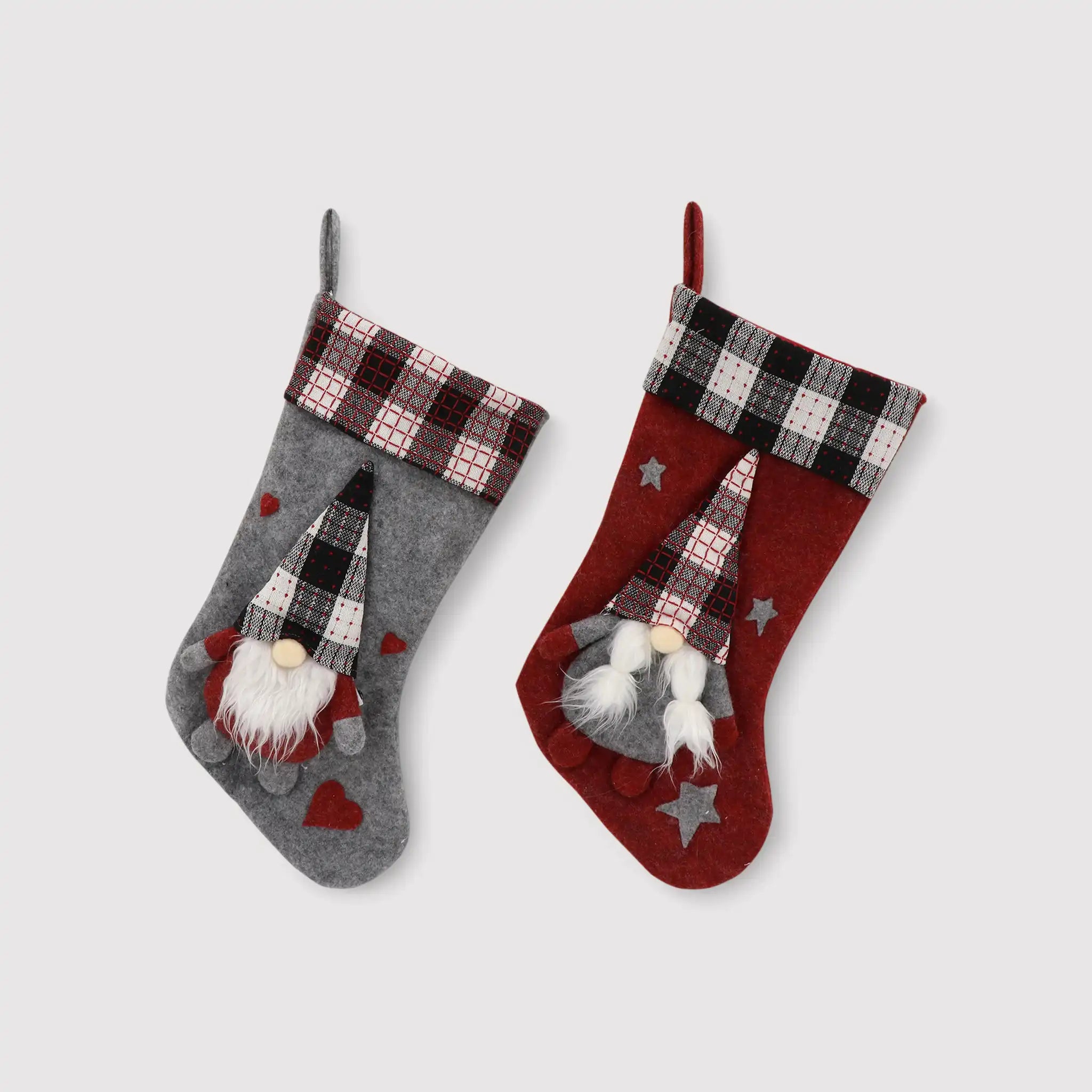 Calze natalizie da appendere in tessuto rosso e grigio