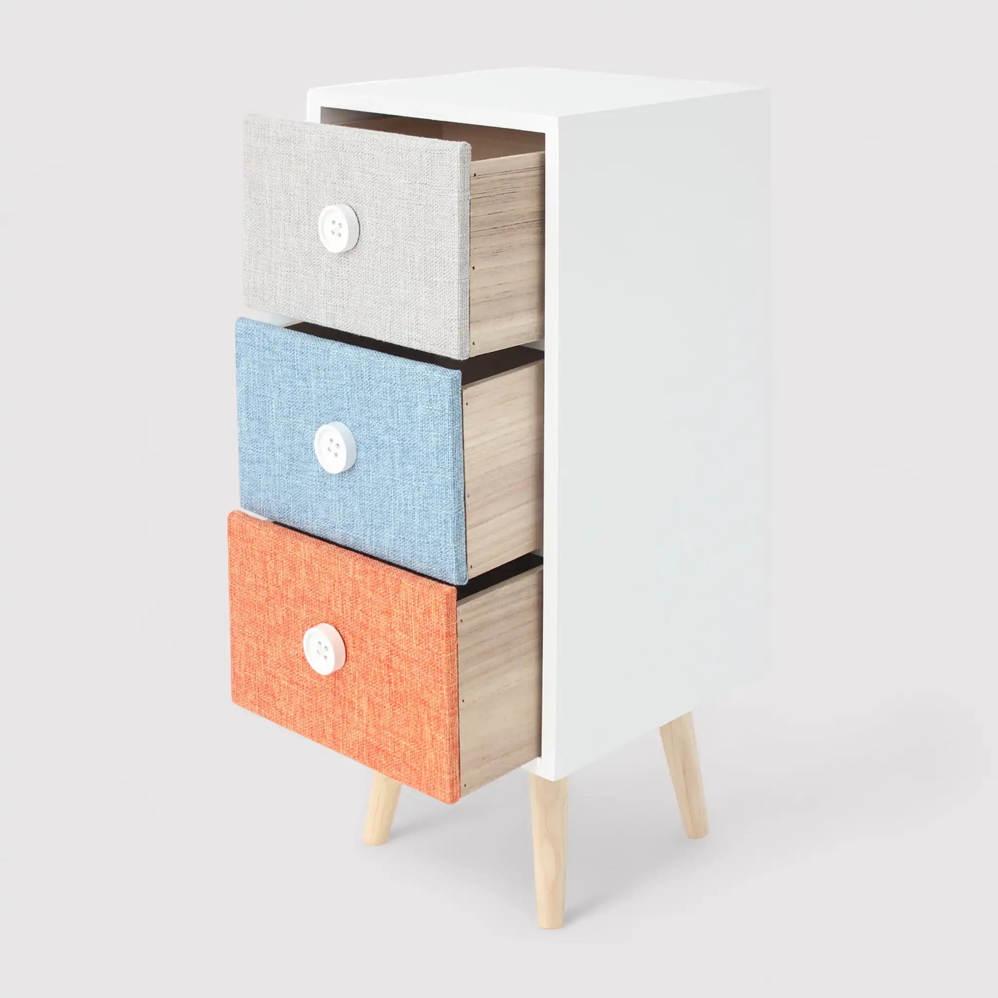 Clarkia - Comodino in legno con 3 cassetti colorati